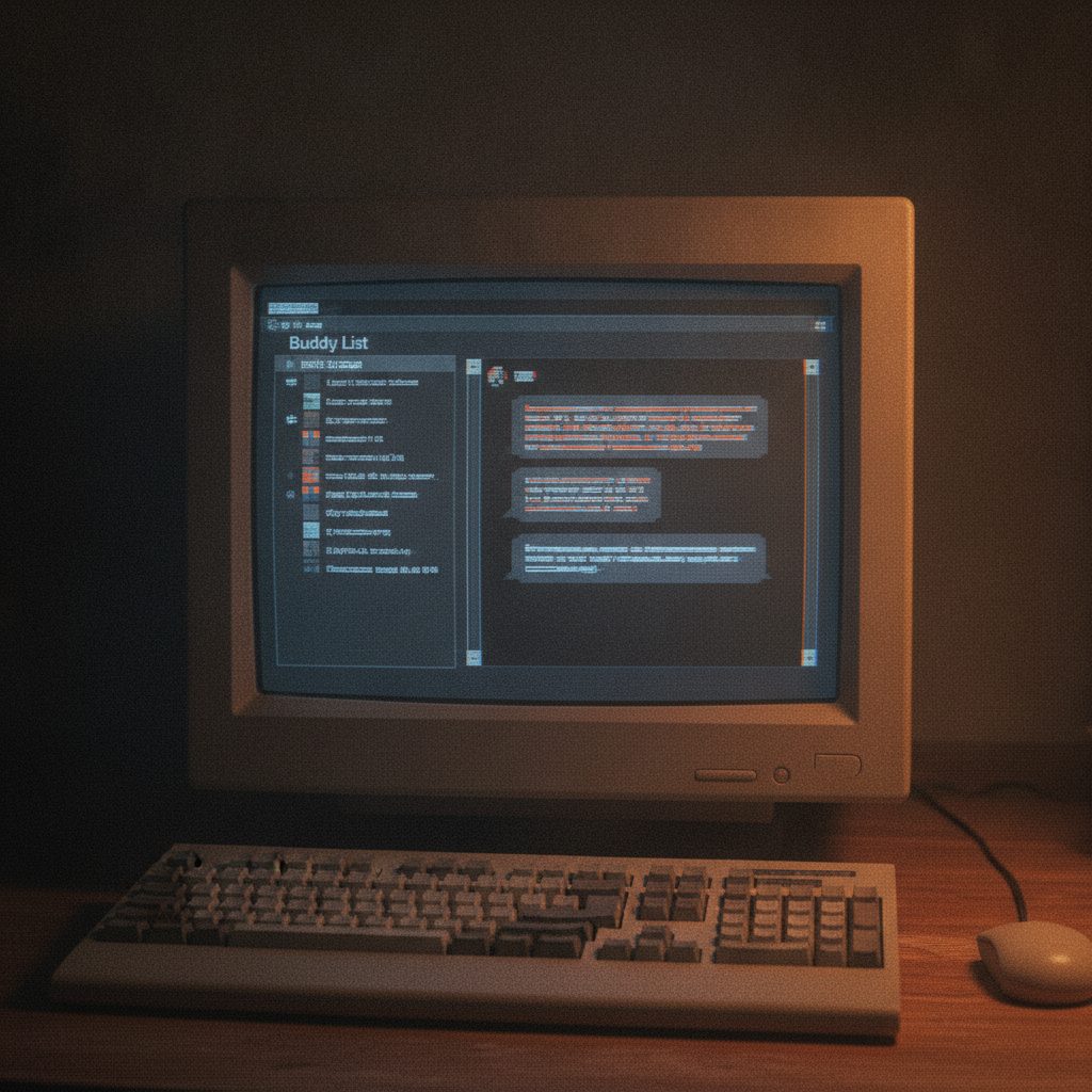 A retro instant messenger chat window on a CRT monitor