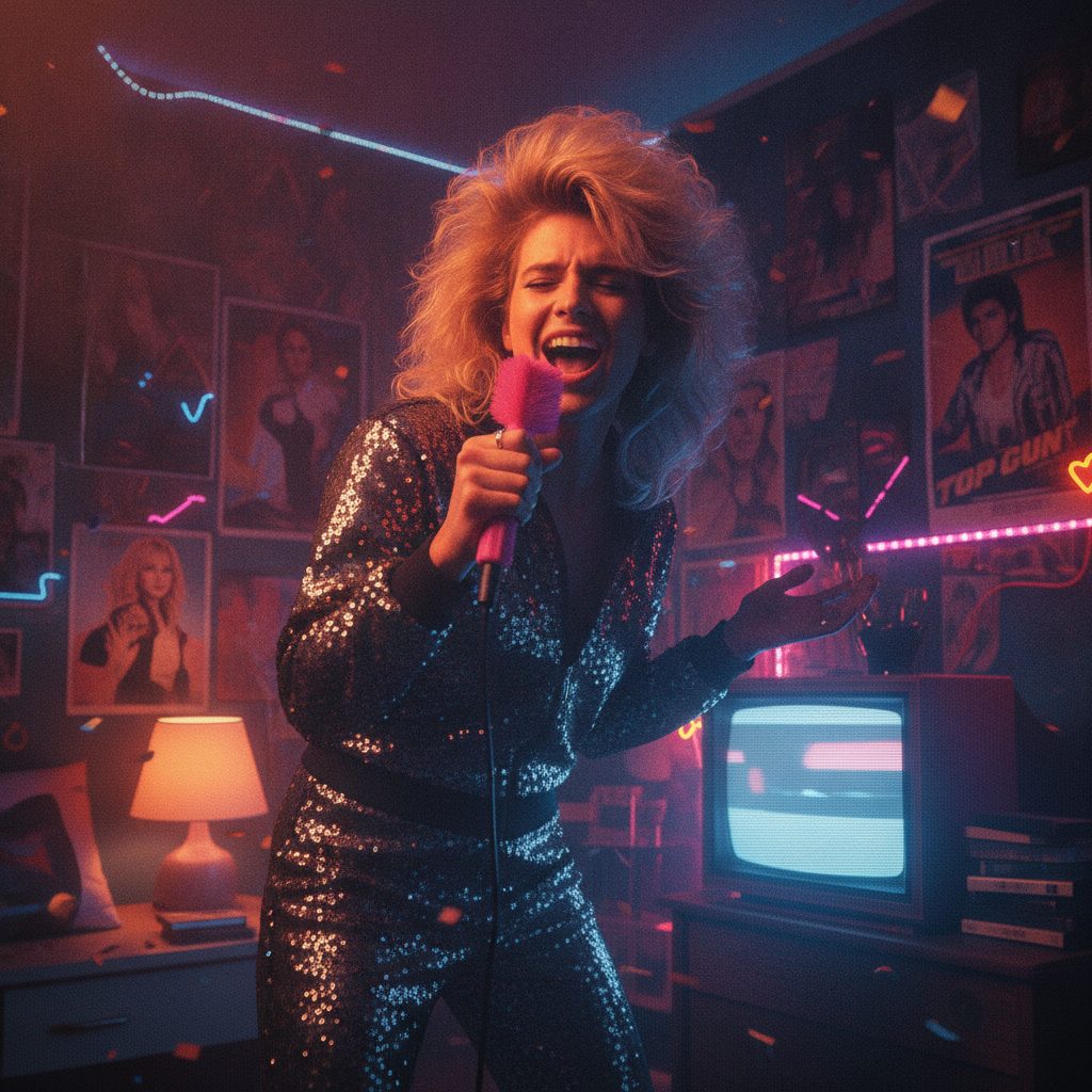Singing along in a bedroom