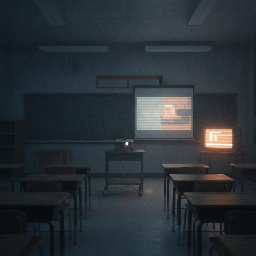 A 1990s classroom with desks and a chalkboard