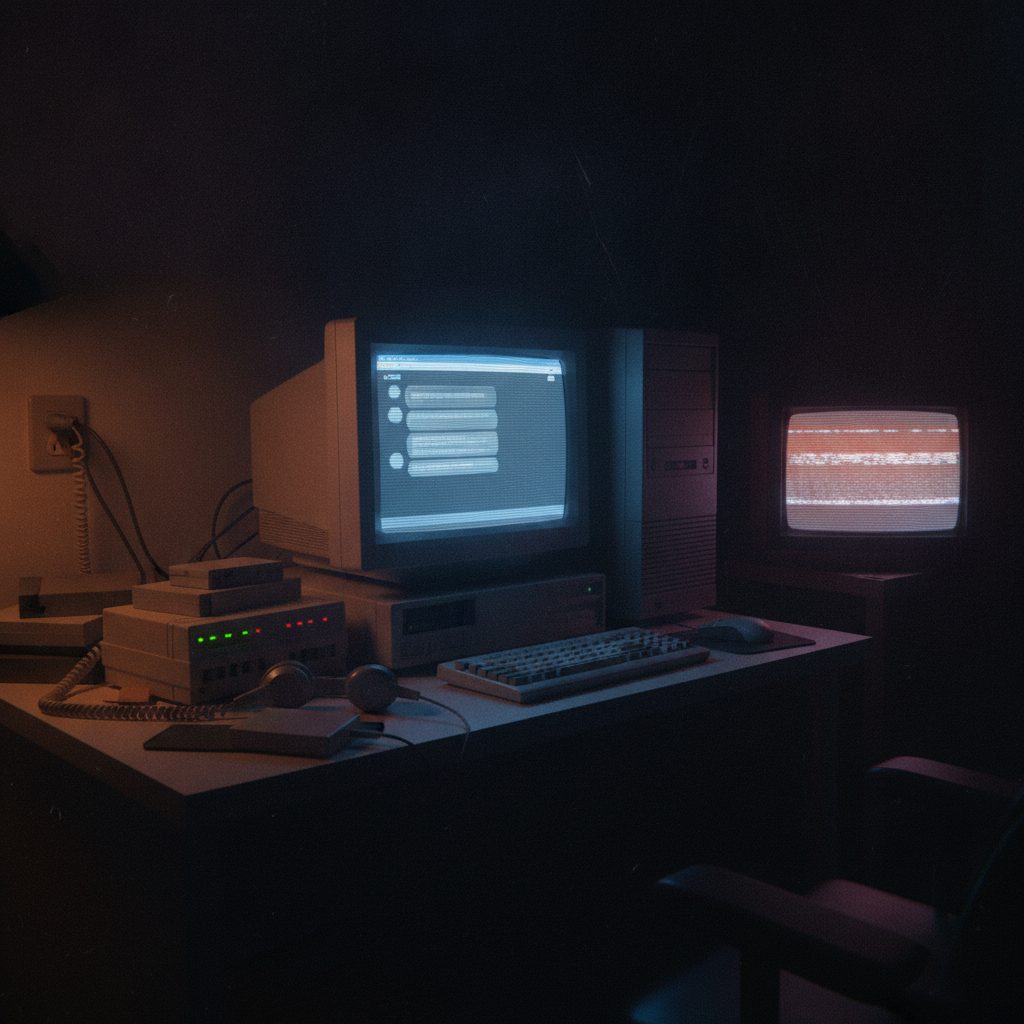 A beige 1990s computer glowing in a dark bedroom