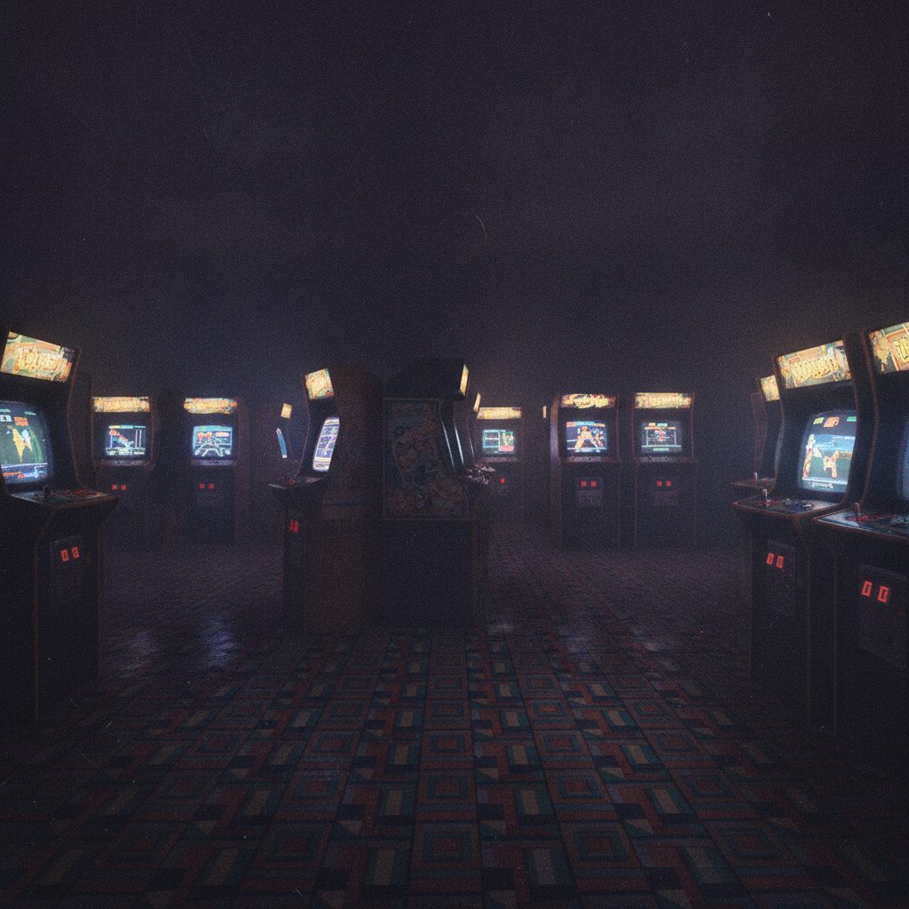 A dark arcade lit by glowing cabinet screens
