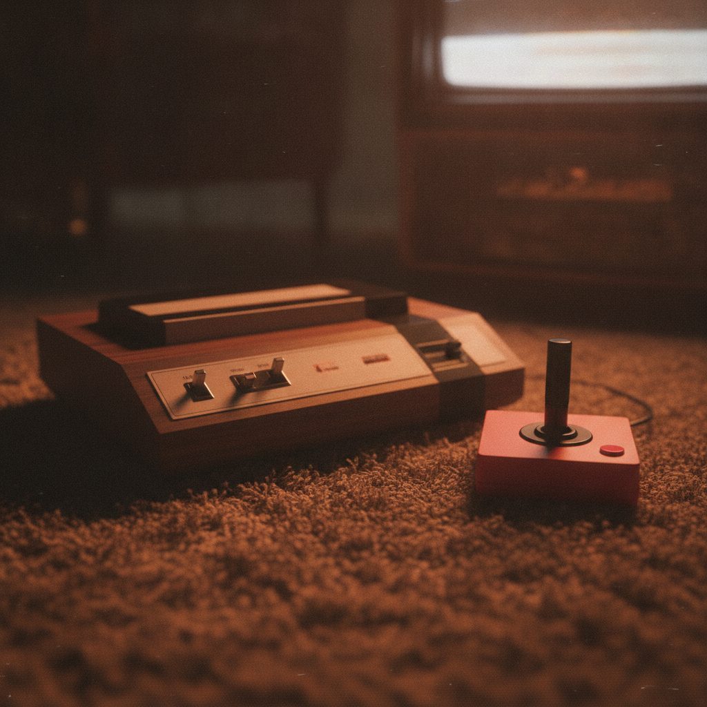 A wood-grain 1977 home game console with a joystick on shag carpet