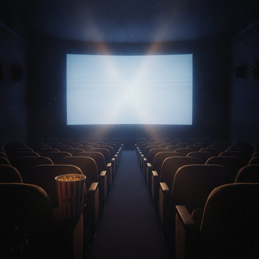 A dark movie theater with an empty screen