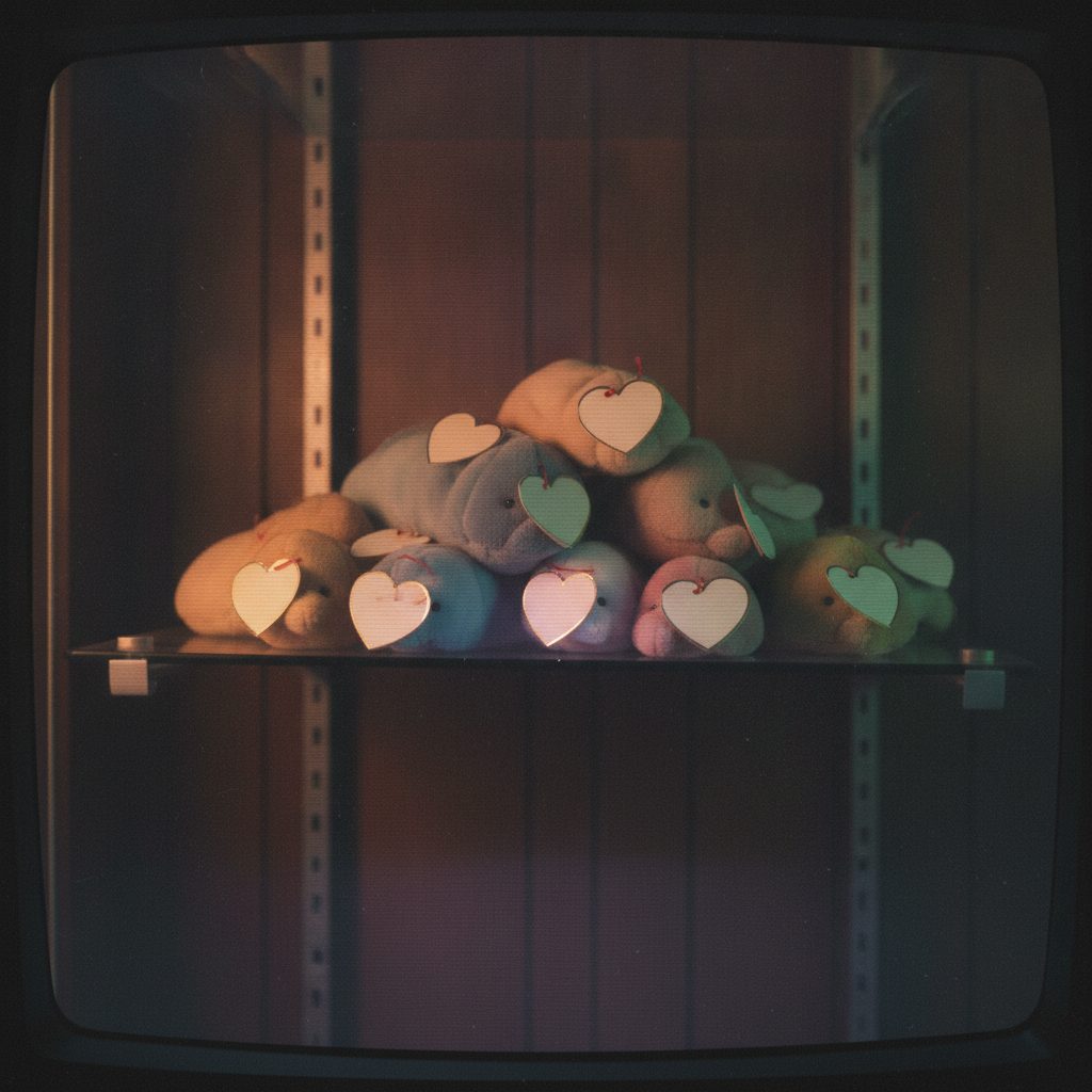 A pile of plush beanbag animals with blank heart tags