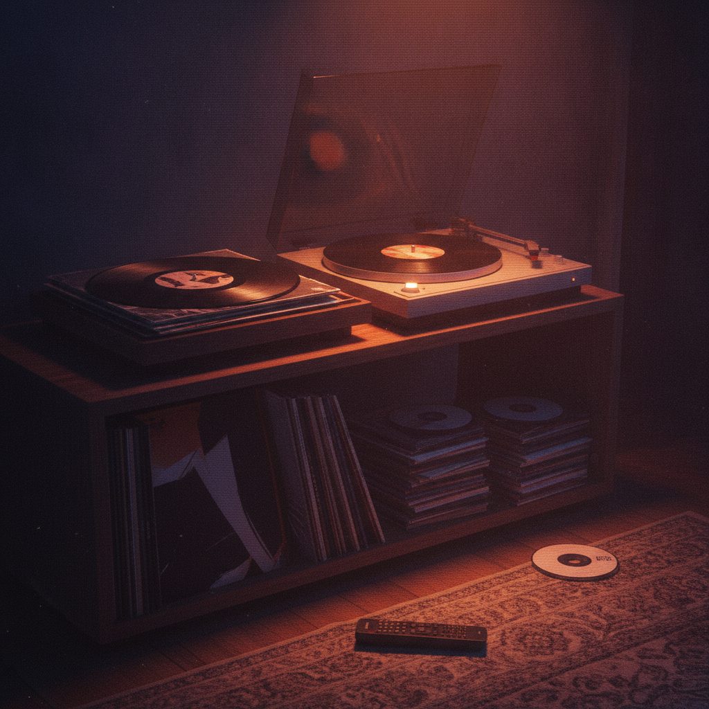 A stack of vinyl records and CDs