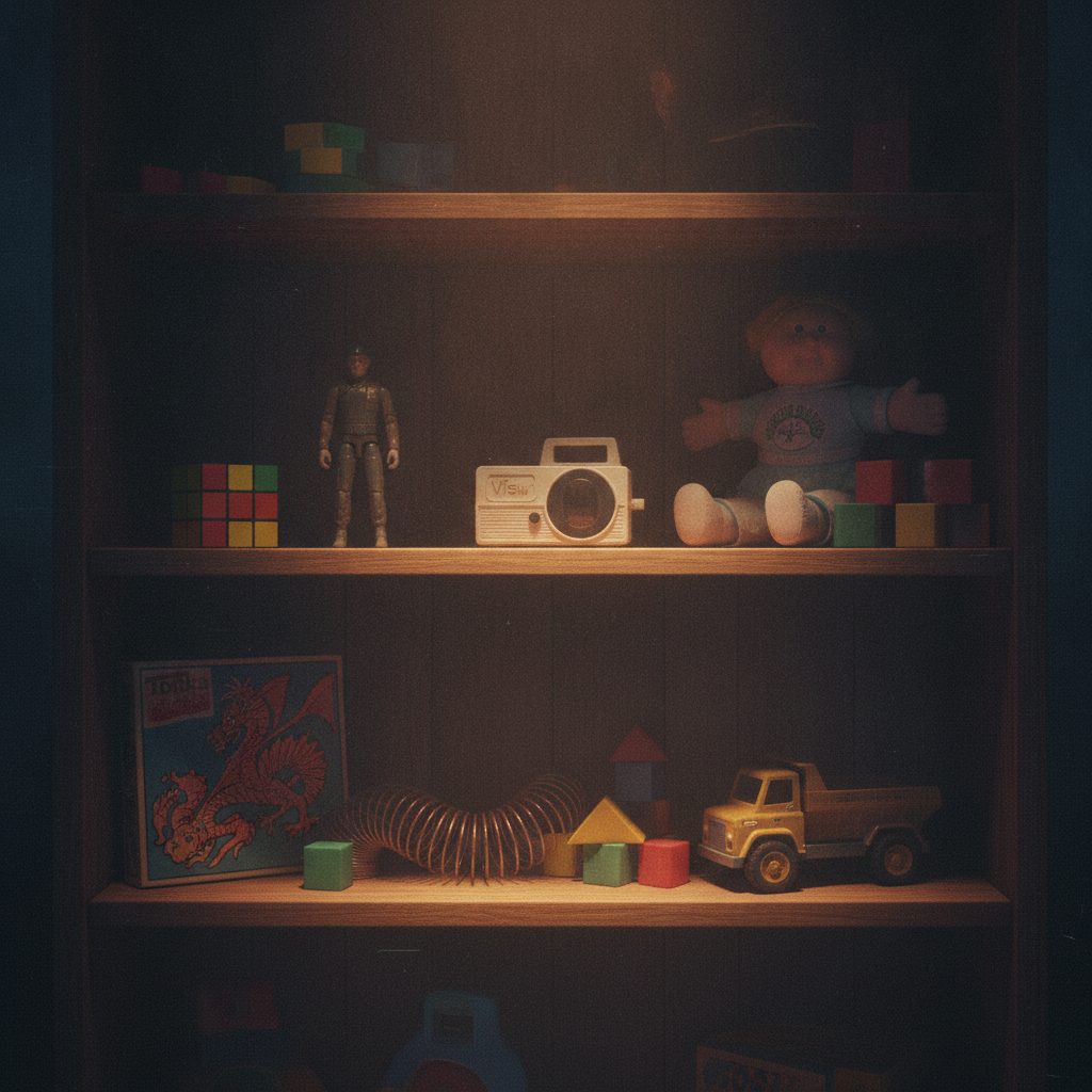 A shelf of classic toys