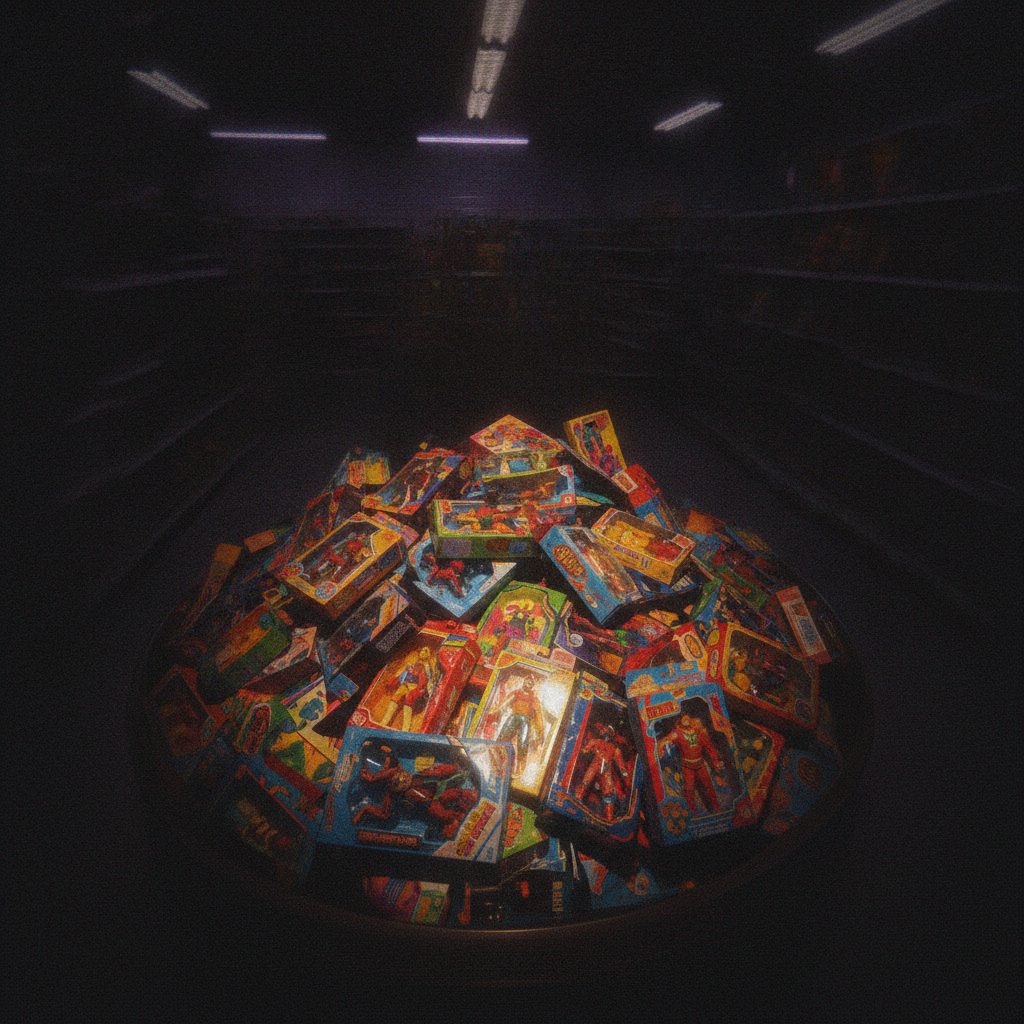 A discount bin of unsold action figures