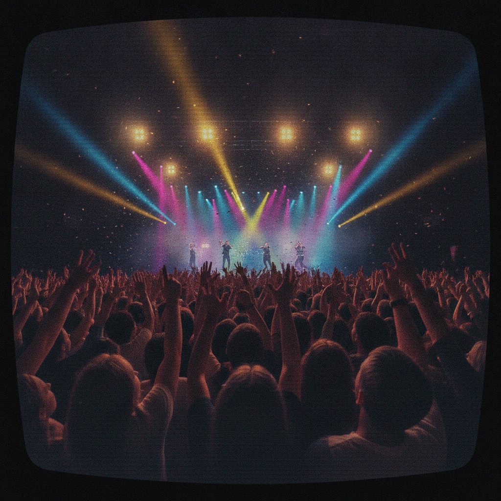 A 90s concert crowd with raised hands