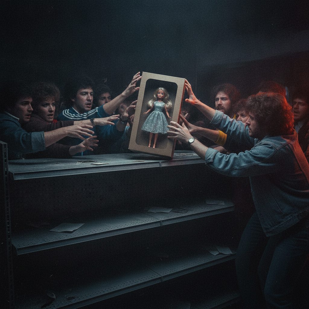 Shoppers reaching for the last boxed doll on an empty toy shelf