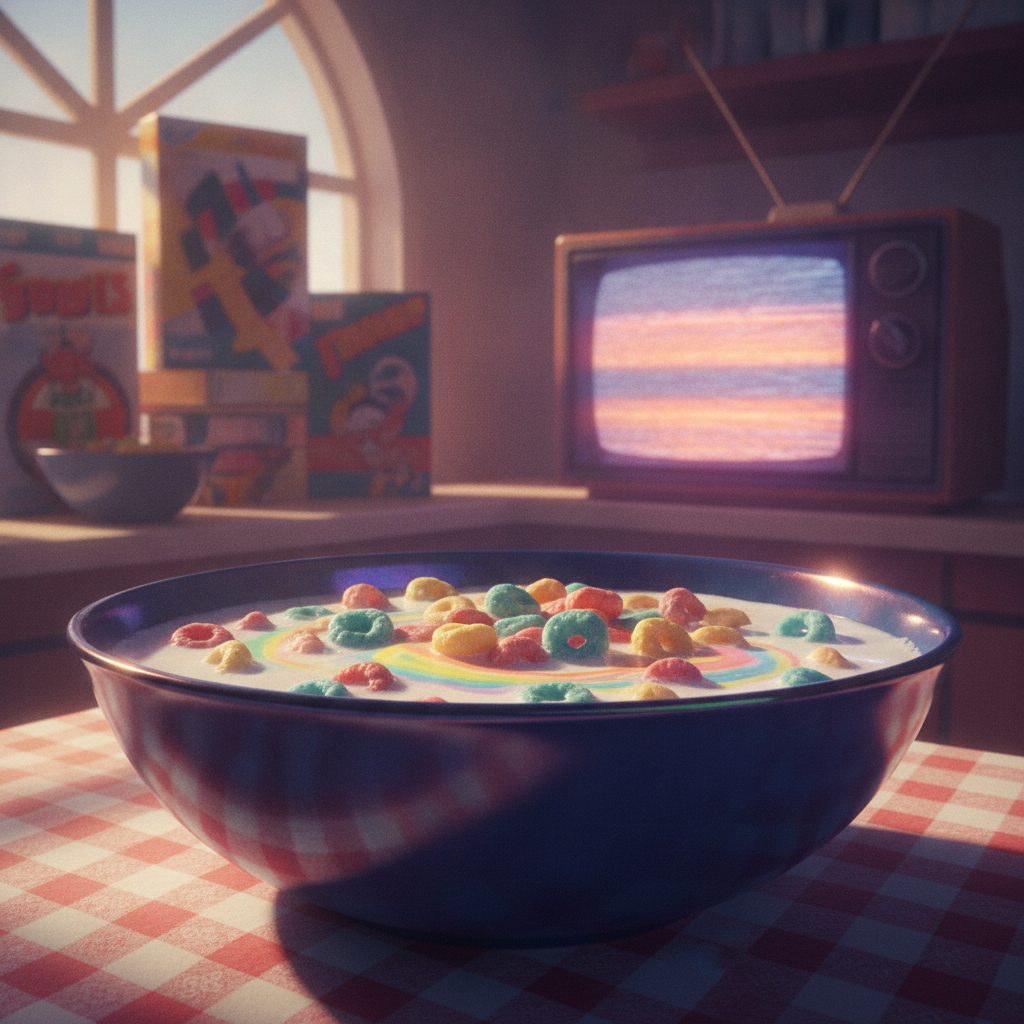 A colorful bowl of sugary cereal