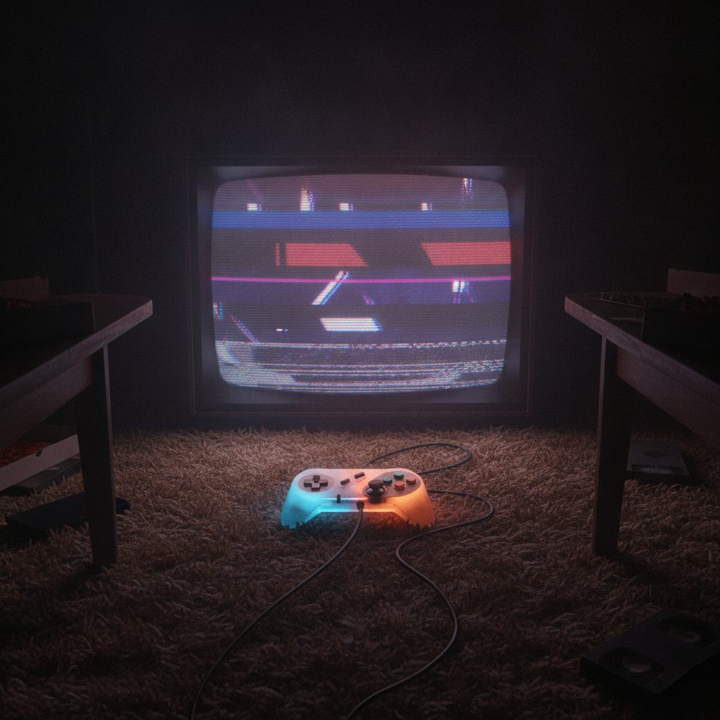 A retro game controller glowing on a rug