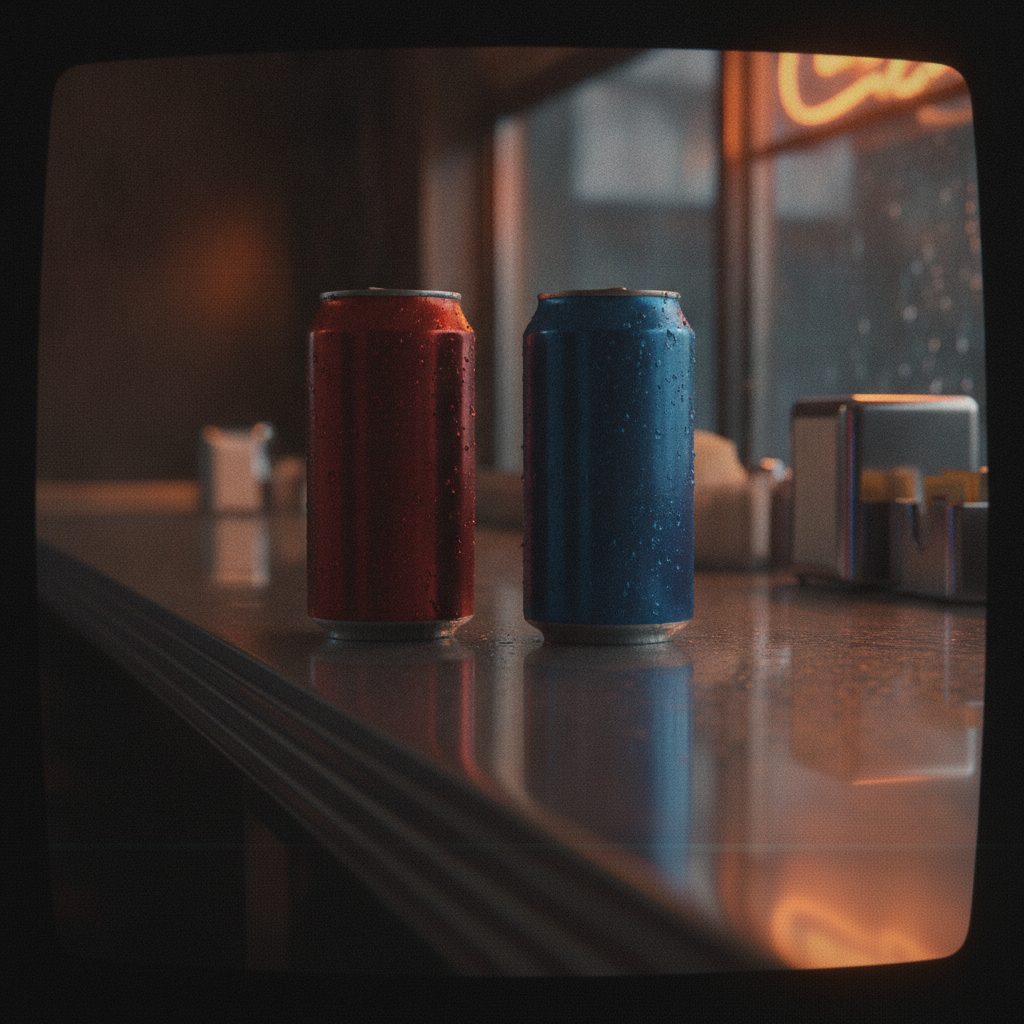 A red and a blue soda can sweating on a diner counter