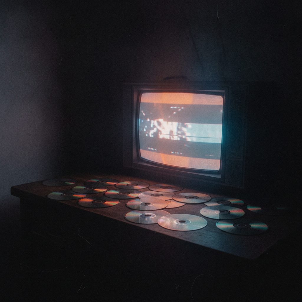 Rainbow-sheen compact discs fanned out on a dark desk