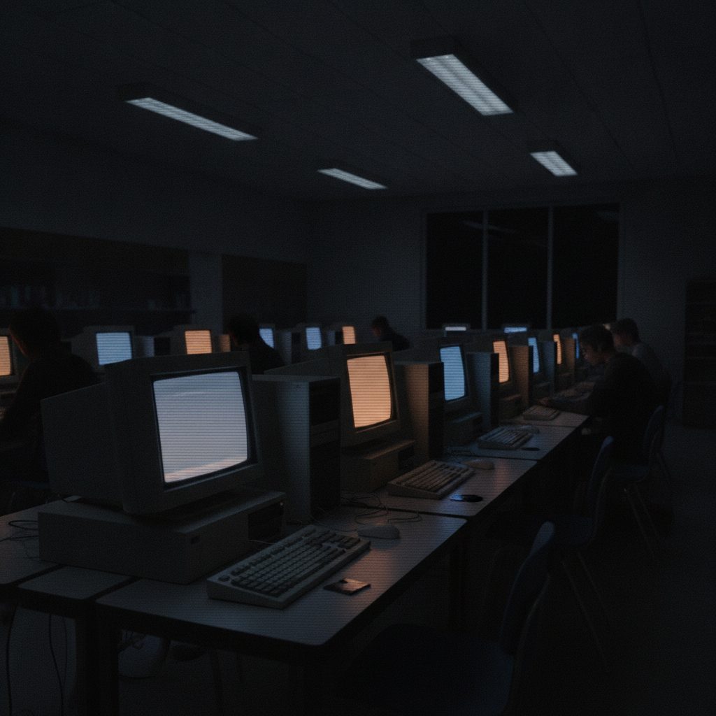 A row of beige computers in a school lab