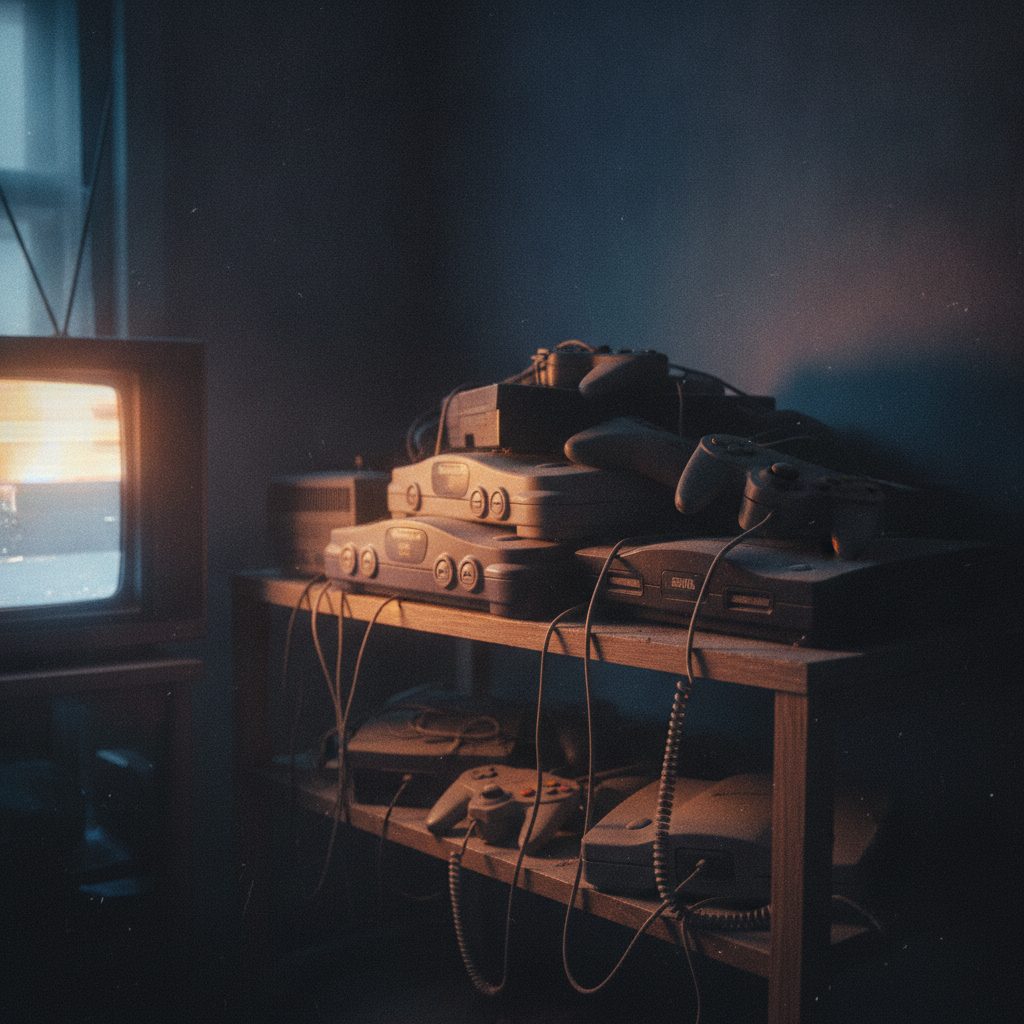 A pile of dusty retro game consoles