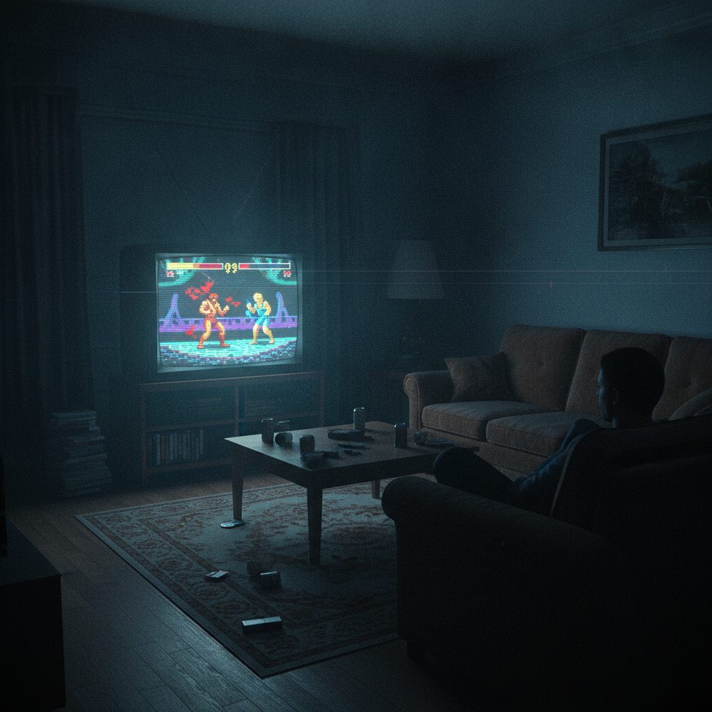 A dark room lit by a violent arcade game screen