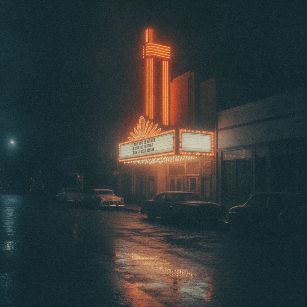 A vintage cinema marquee at night