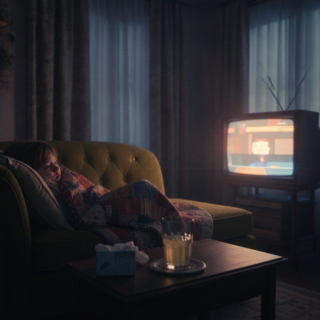 A kid wrapped in a blanket on the couch watching daytime TV