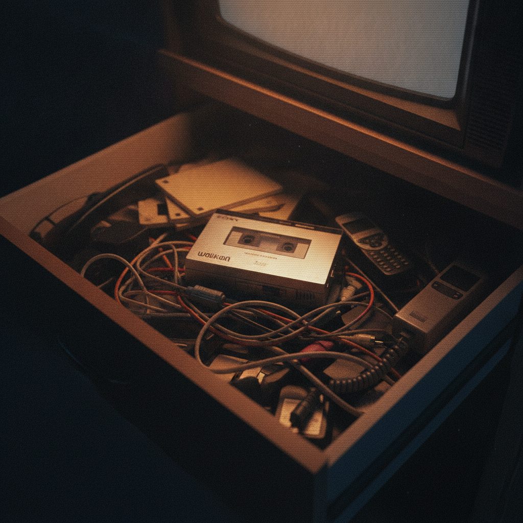 A pile of obsolete retro gadgets and cables
