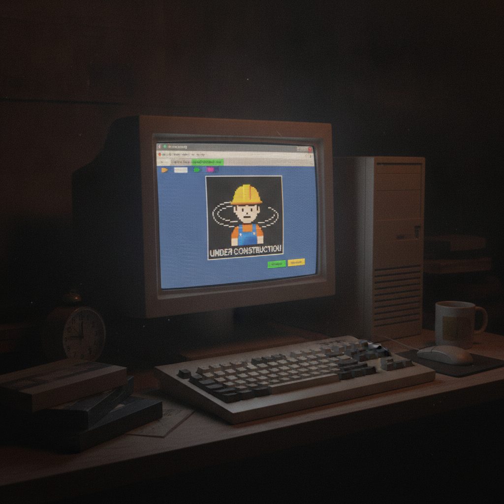 A retro computer showing a 1990s web browser
