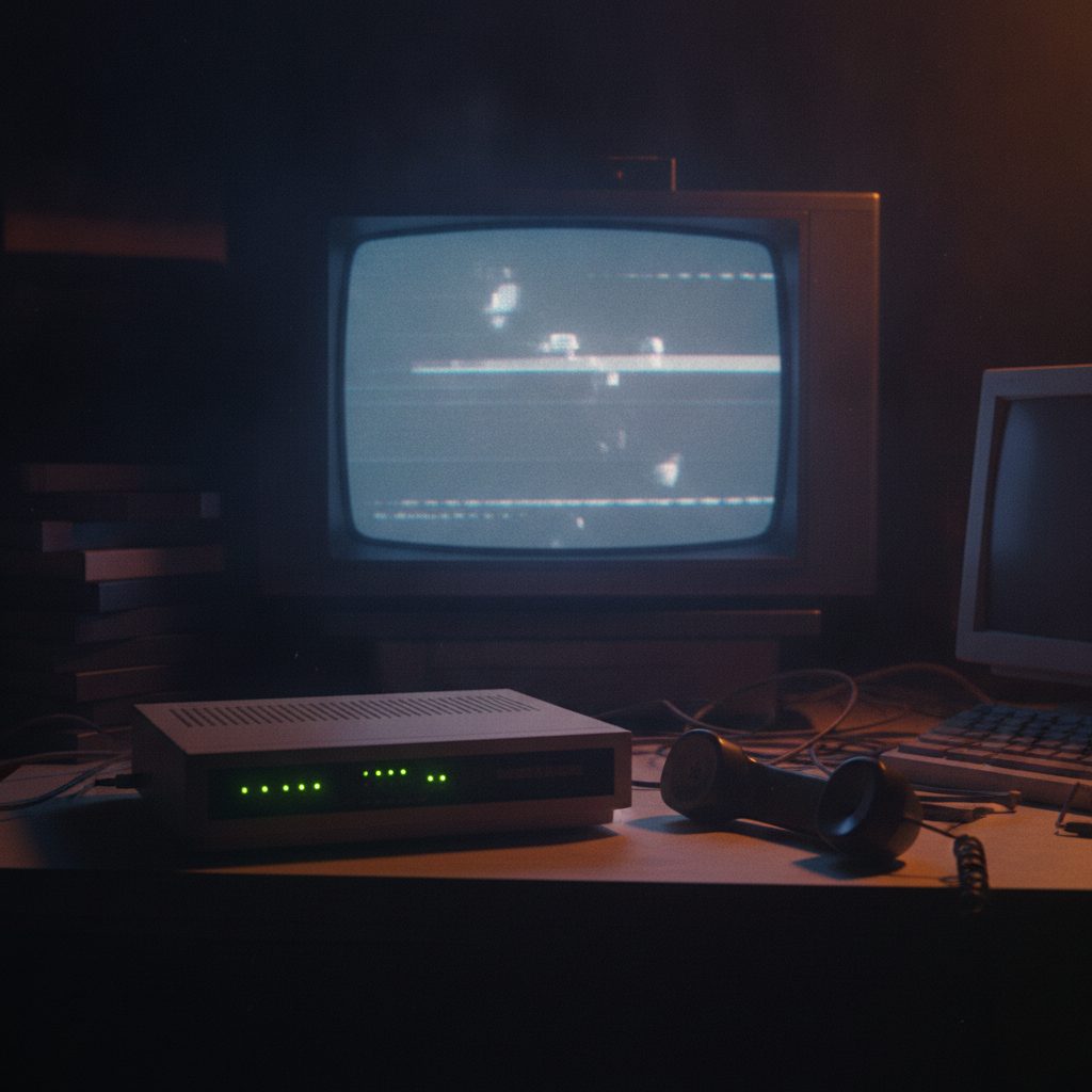A beige 1990s modem blinking beside a phone off the hook