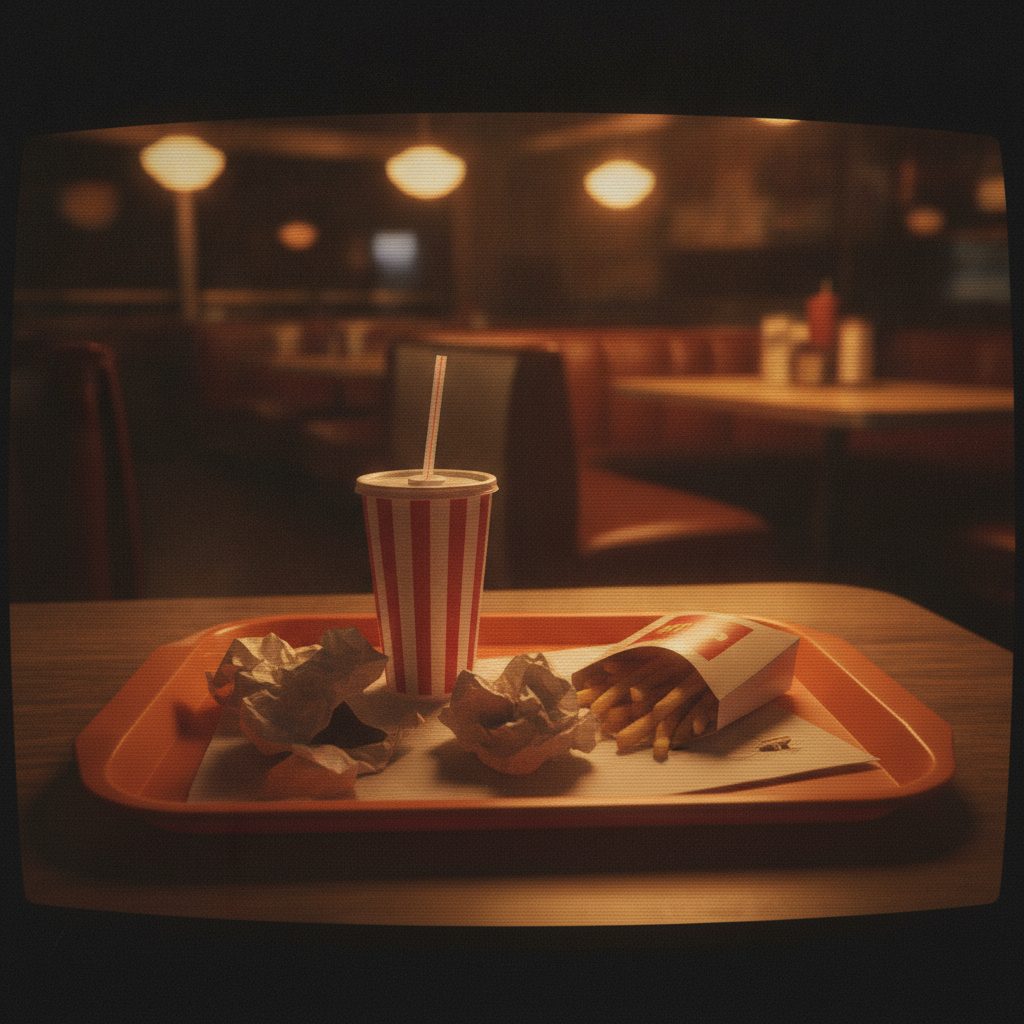 A retro fast food tray with wrappers