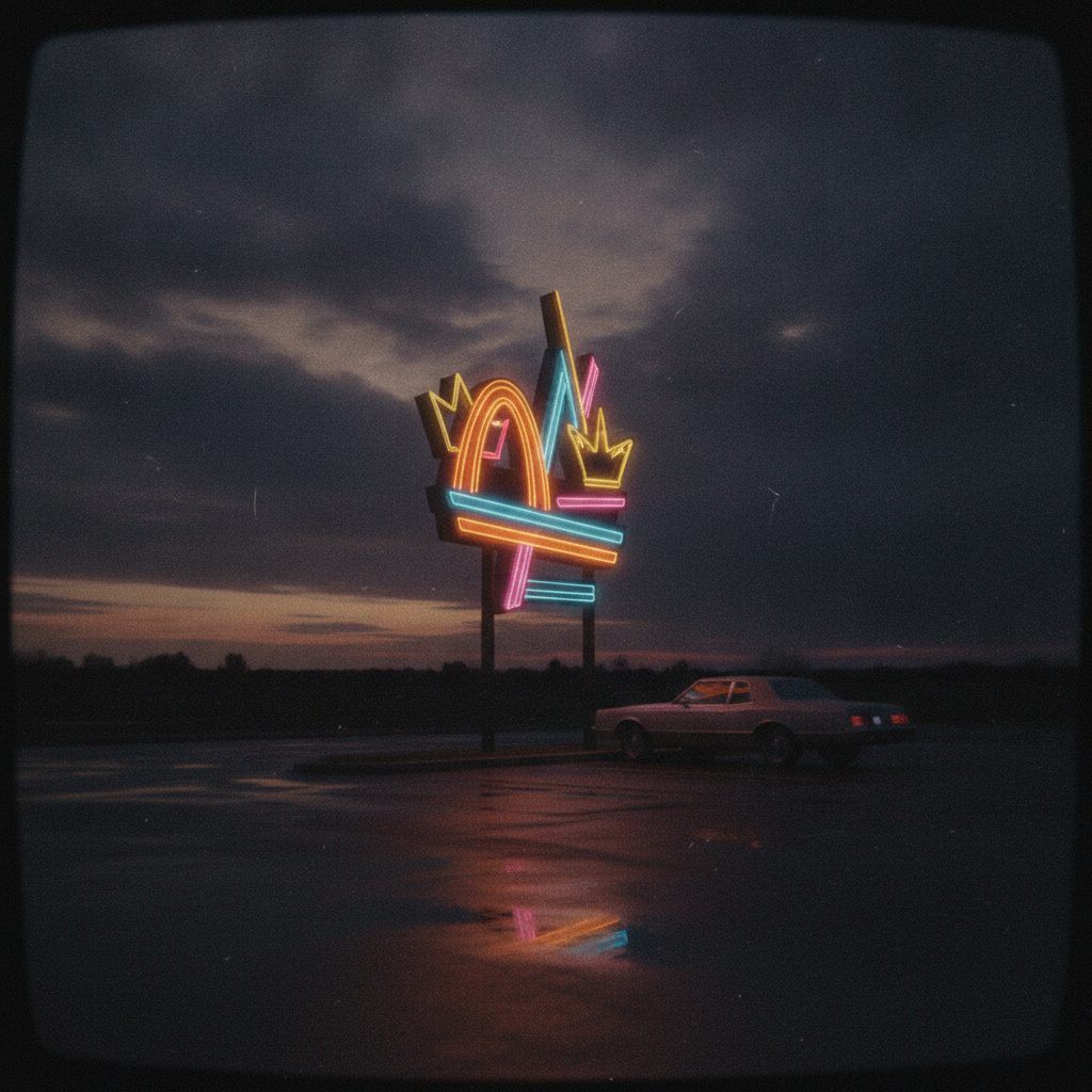 A retro fast food restaurant sign at dusk