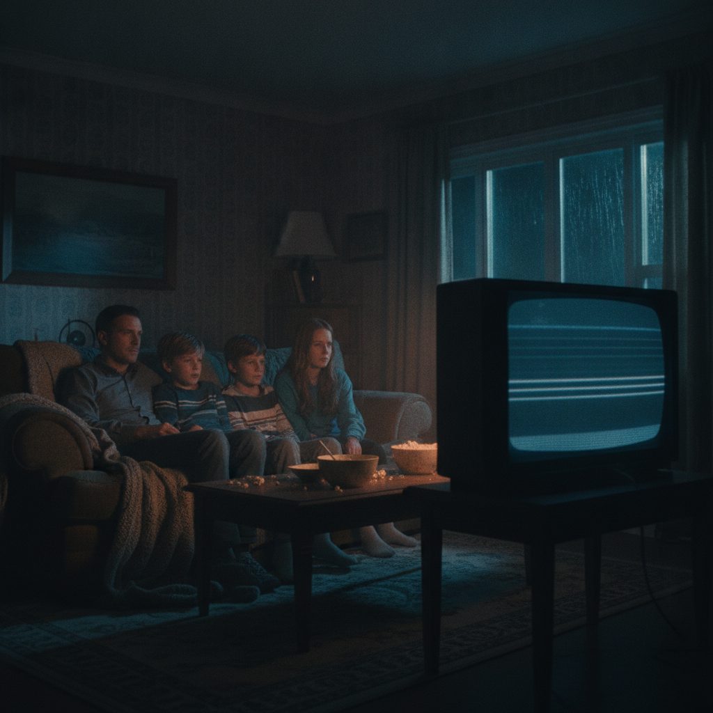 A living room TV showing a series finale