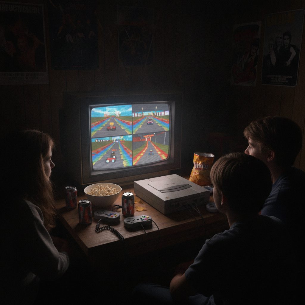 Four friends split-screen gaming around a CRT at a sleepover