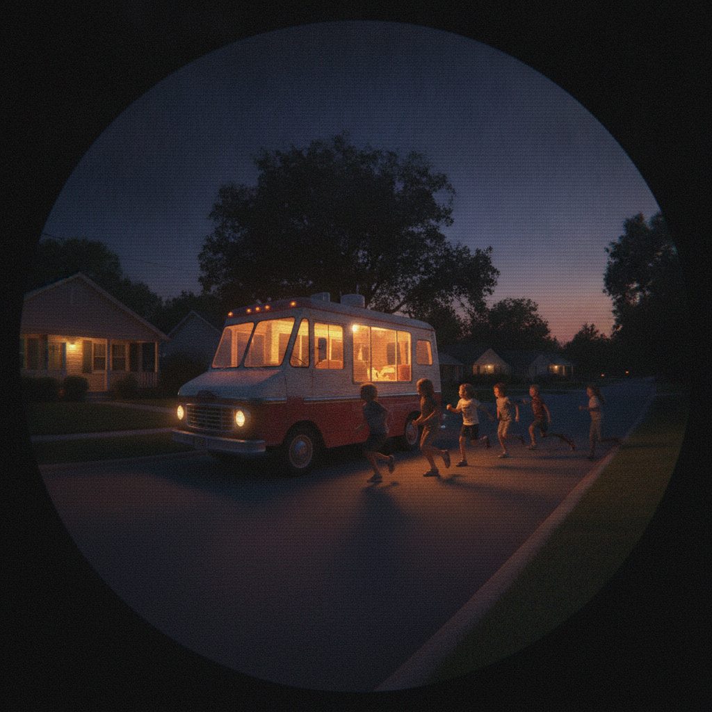 An ice cream truck on a suburban street