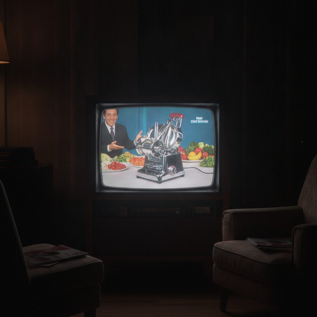 A retro TV showing a late-night infomercial with a kitchen gadget