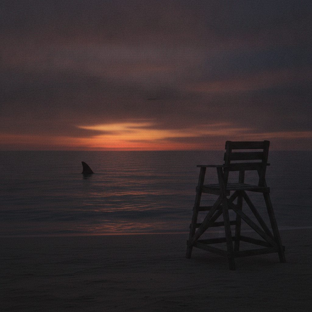 An empty dusk beach with a distant fin and an abandoned lifeguard chair