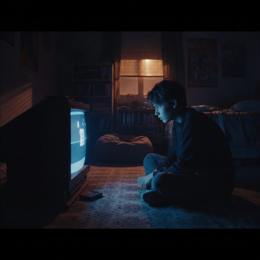A teenager watching a glowing TV alone in a dark room at night