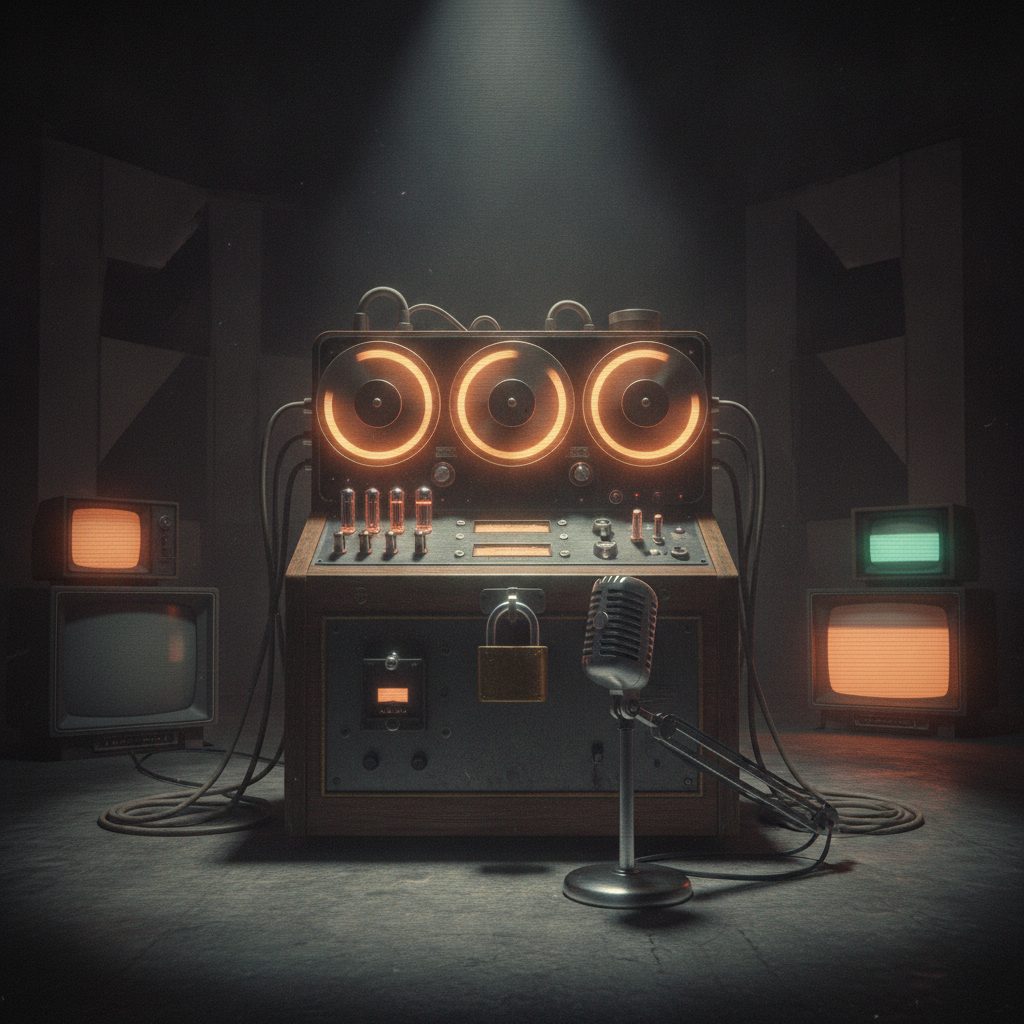 A padlocked vintage sound machine in a dim TV studio