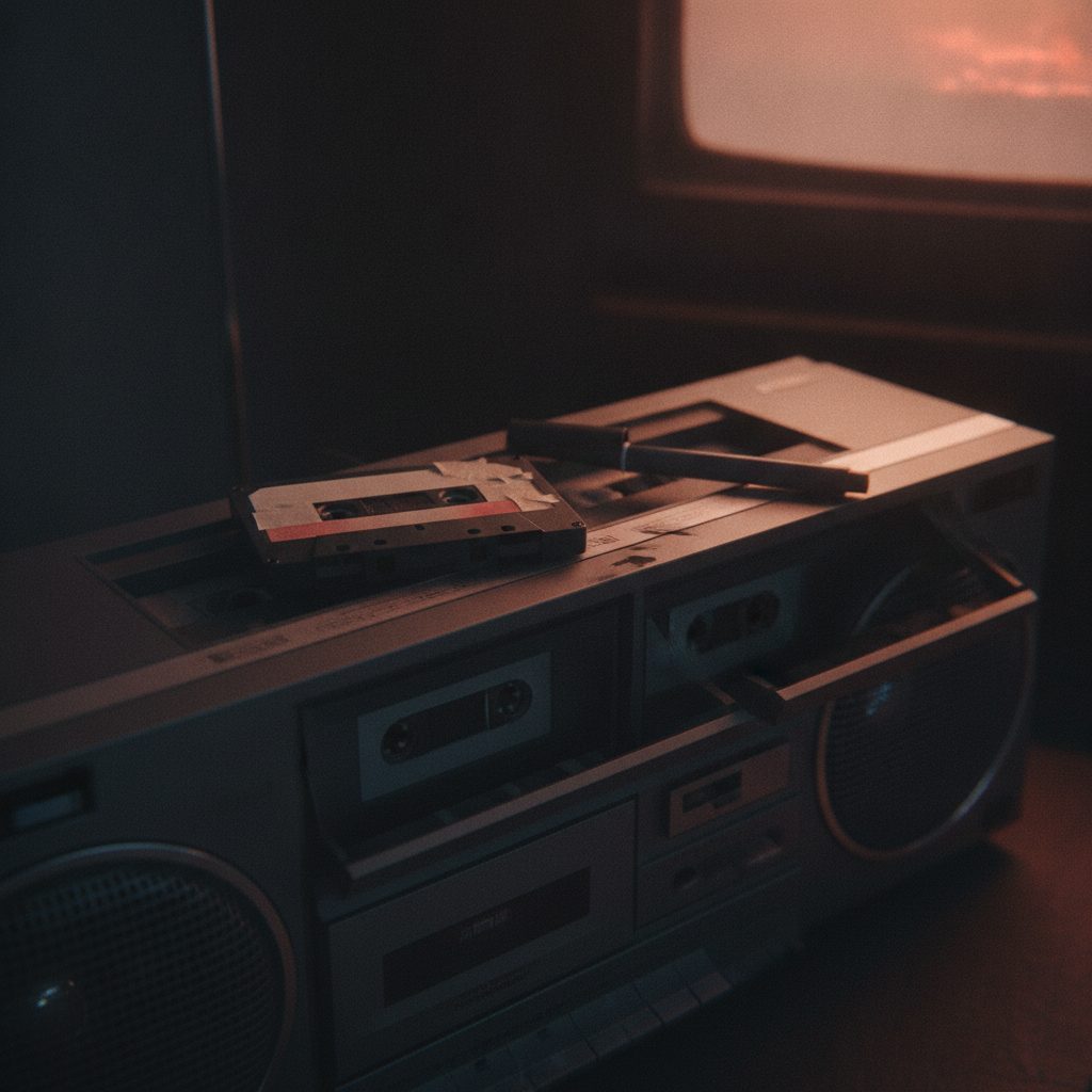 A hand-labeled blank cassette on a dual-deck boombox