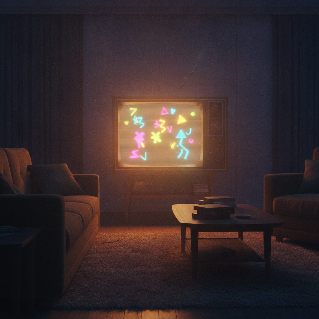 A retro television tuned to a music channel