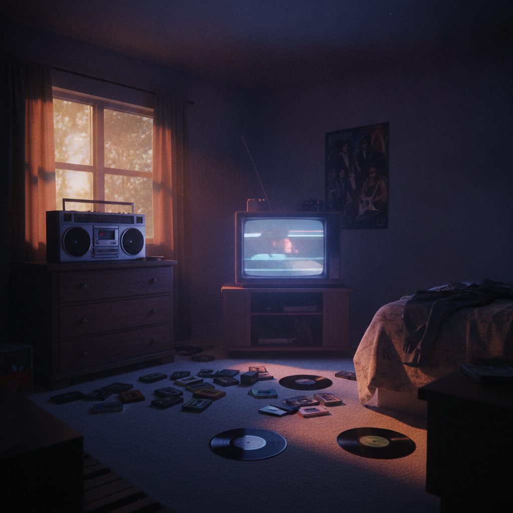 Boombox and cassette tapes in warm sunlight