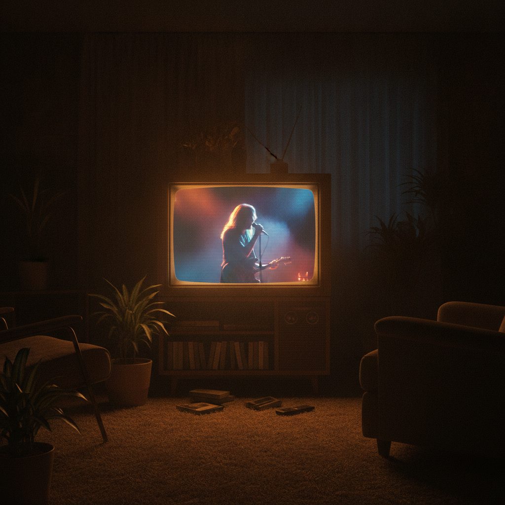 A retro TV glowing with a music video