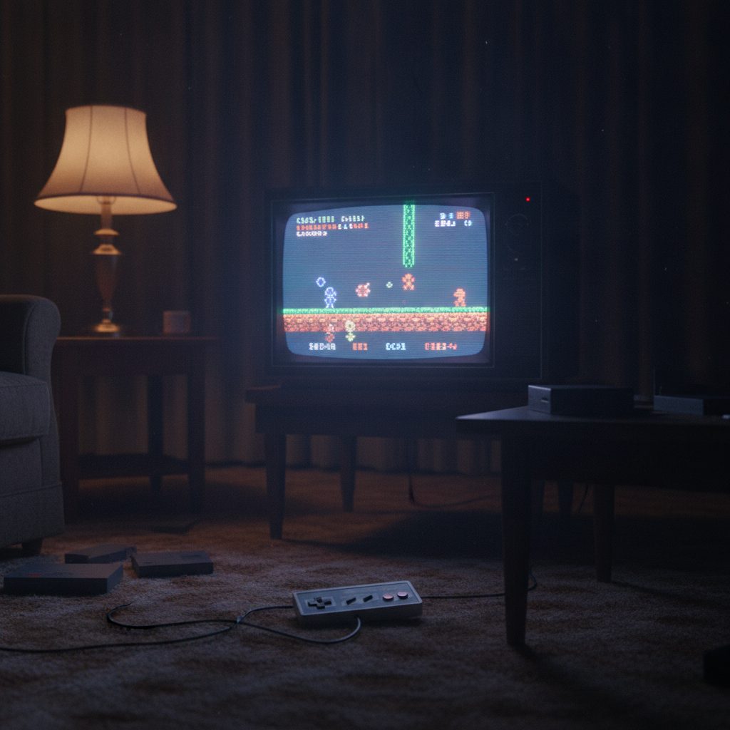 Retro game controller beside a glowing CRT television