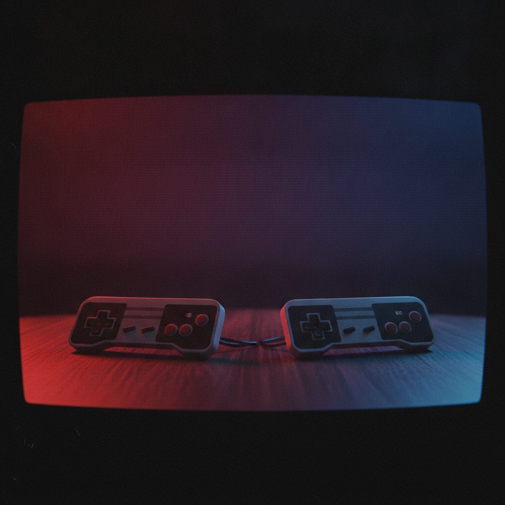Two blank retro game controllers facing off under red and blue light