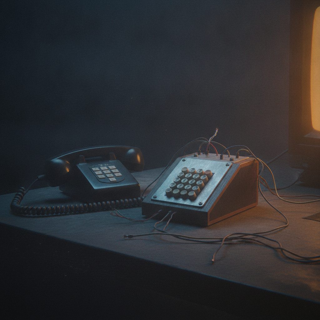 A payphone handset beside a homemade electronic blue box