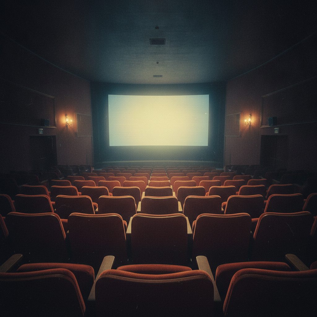 Empty vintage movie theater with a glowing screen