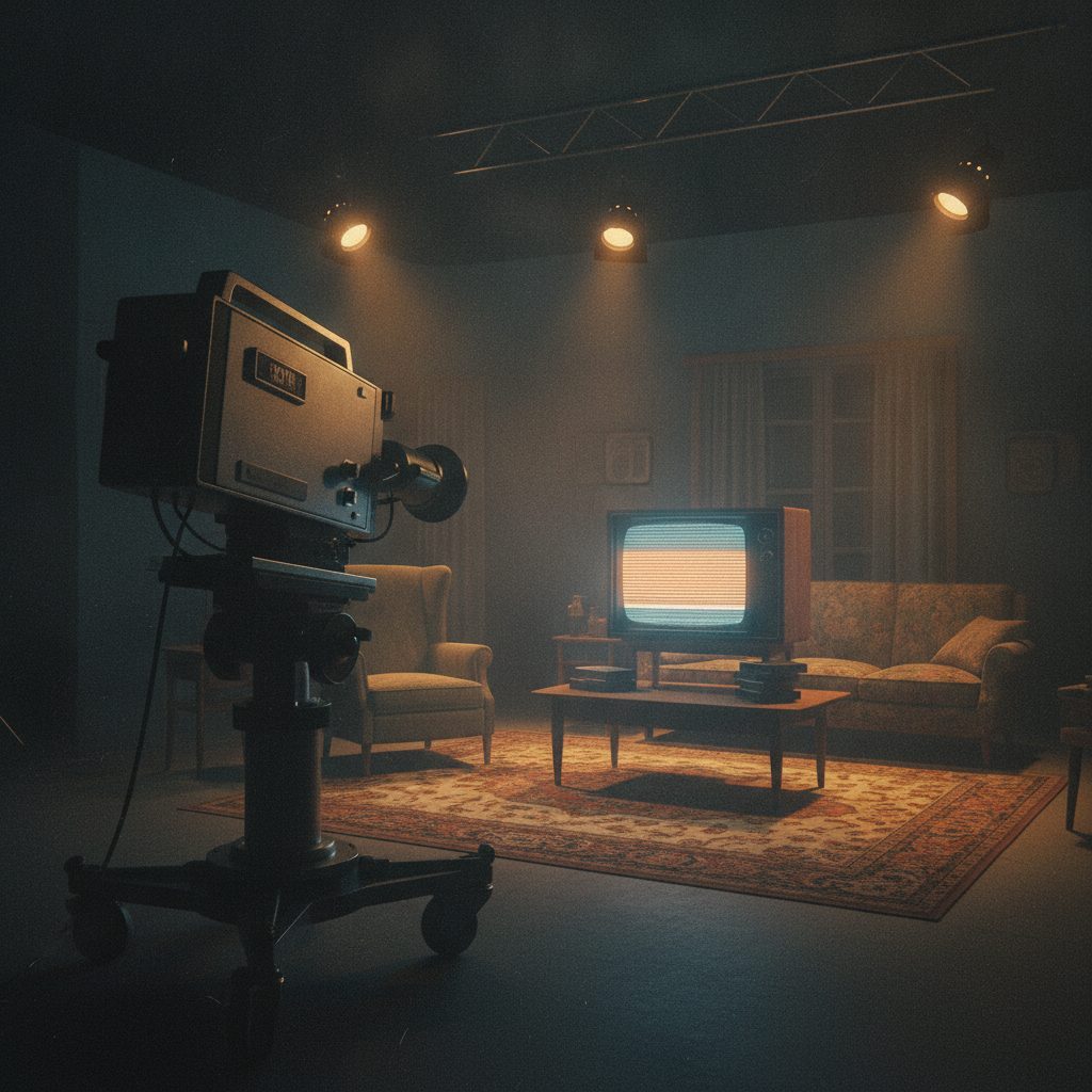 A television studio camera pointed at an empty living room set