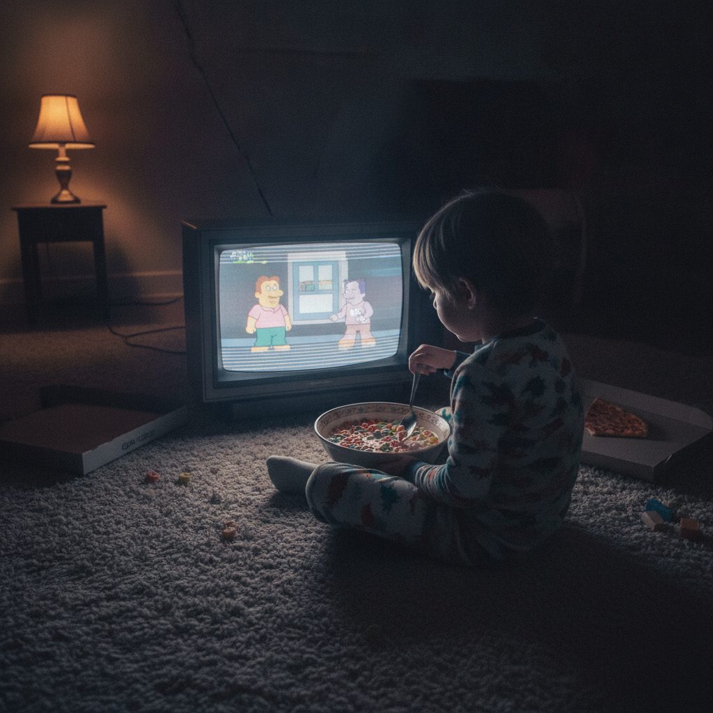 A kid in pajamas eating cereal watching cartoons on a CRT
