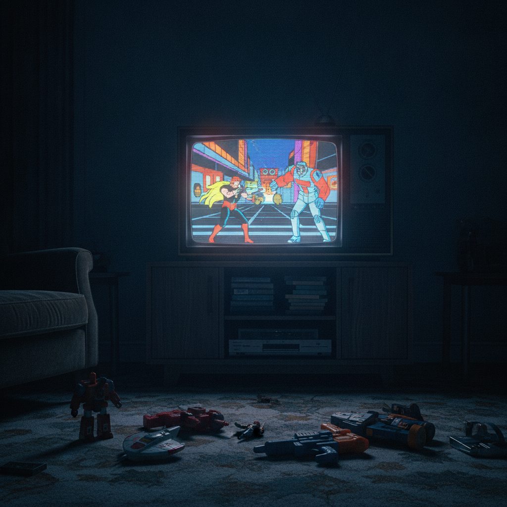 A TV showing a colorful 80s action cartoon