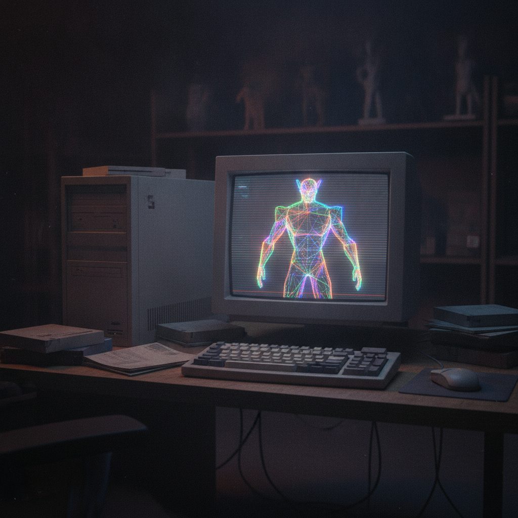 A 1990s workstation rendering a 3D wireframe character on a CRT monitor