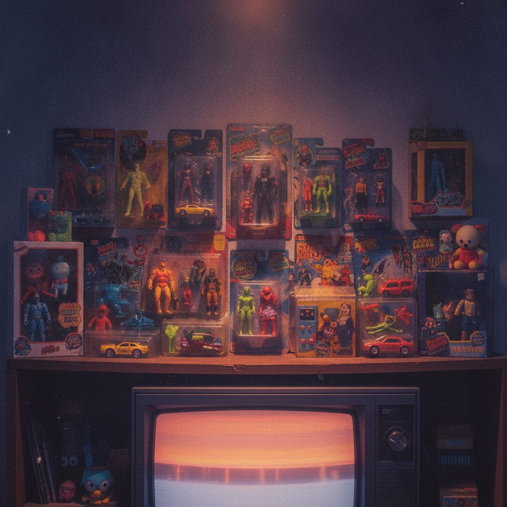 Colorful retro toys and action figures on a shelf
