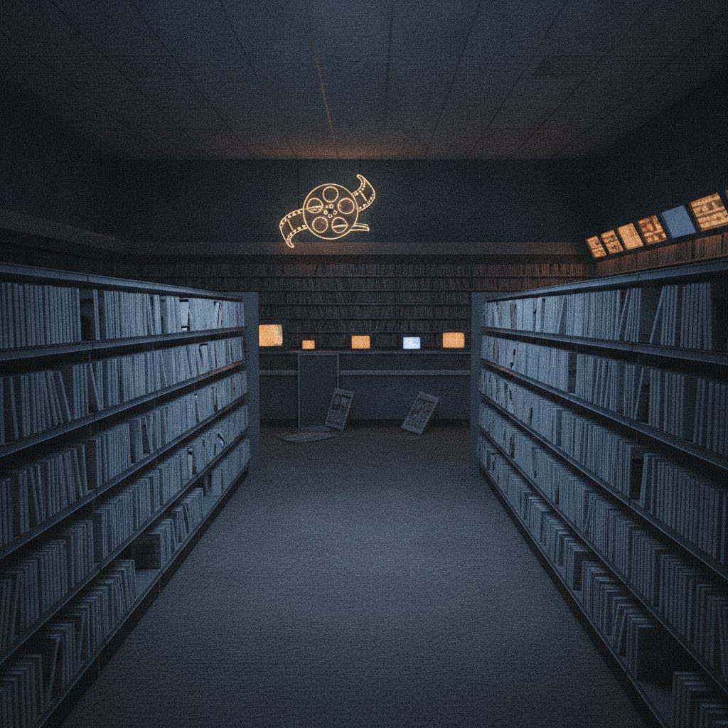 Empty nighttime aisles of a closed video rental store