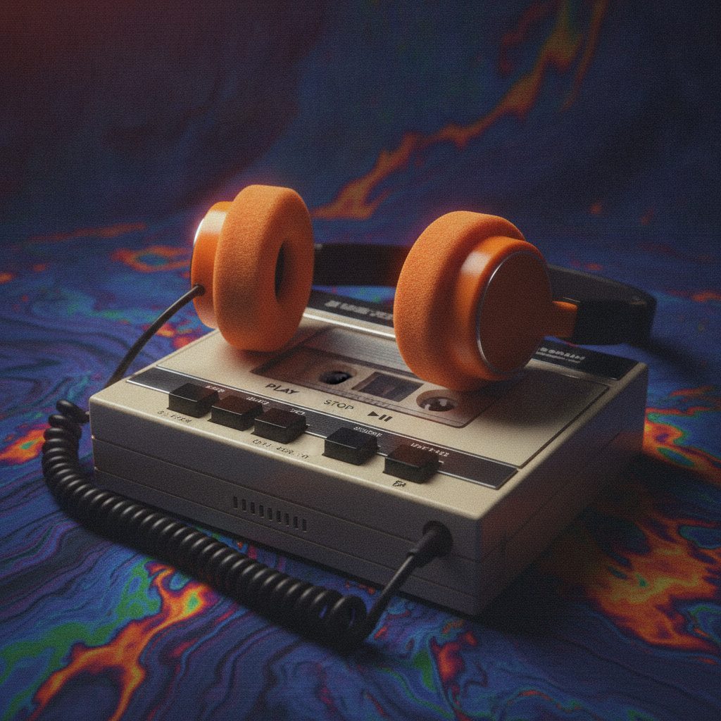 A vintage portable cassette player with orange foam headphones