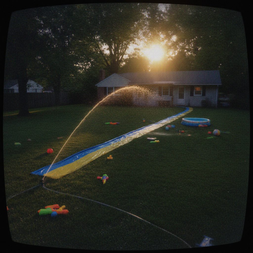 A backyard with a sprinkler and water toys